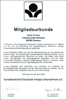 Mitgliedsurkunde des Bundesverbandes Deutscher Inkasso-Unternehmen e.V.